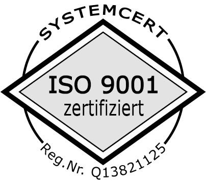 Systemcert Emblem für die ISO 9001-Zertifizierung von Quantom - Reg. Nr. Q13821125